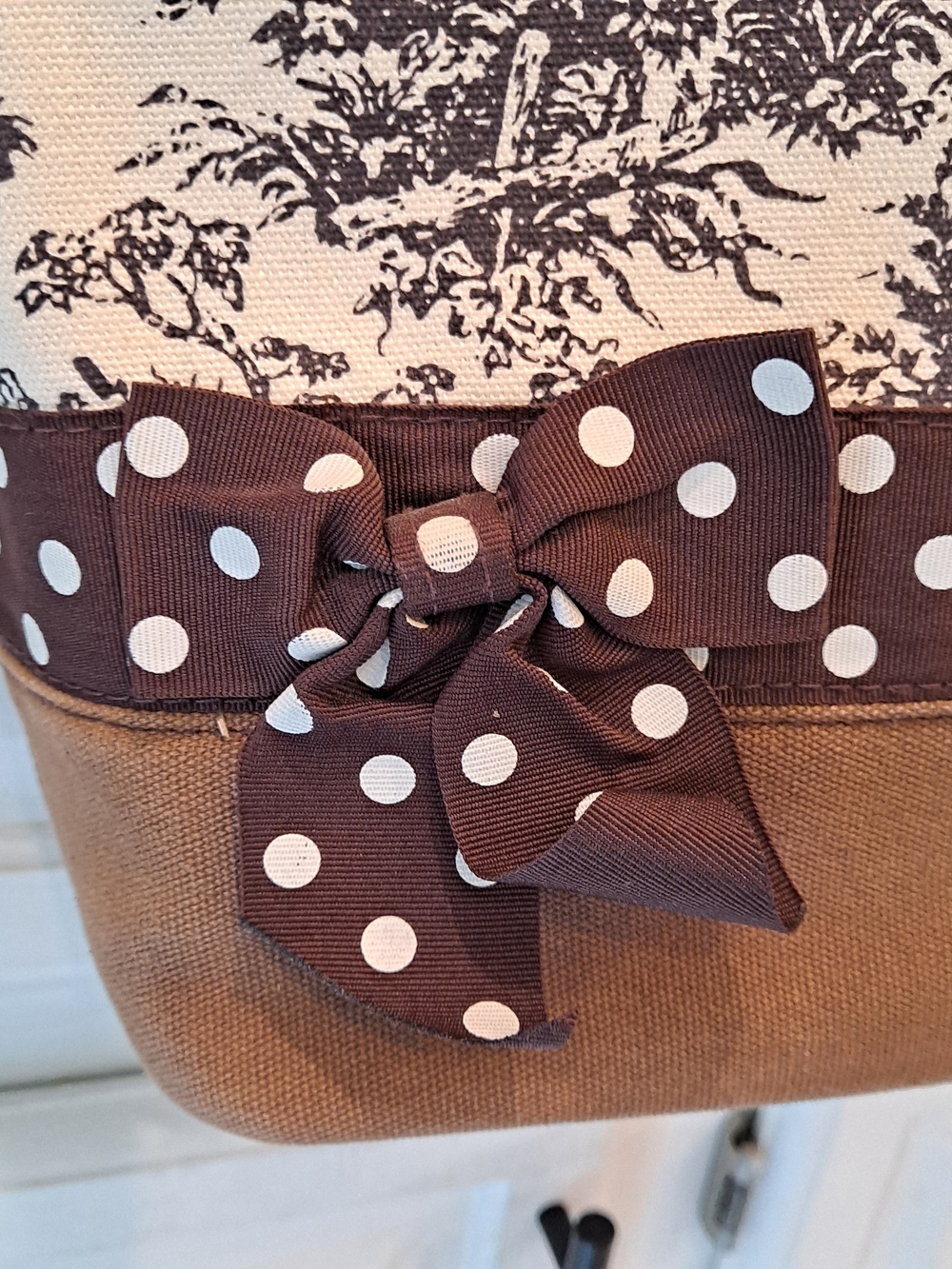 Vivary Vintage Cream Brown Toile De Jouy Tote Satchel Polka-Dot Bow Canvas Bag - Picture 4 of 14